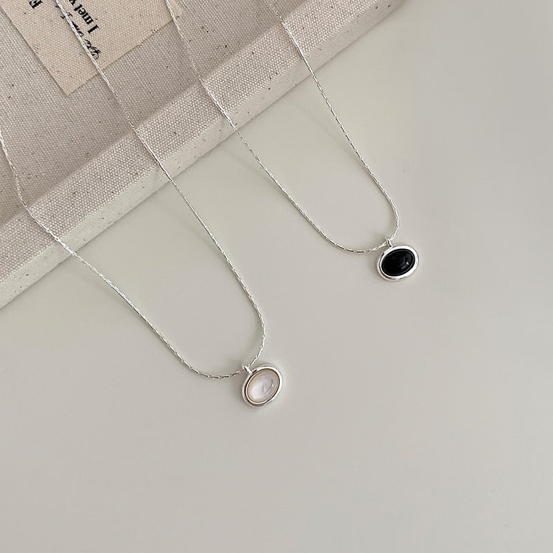 S925 Sterling Silver Oval White Mother-of-Pearl And Black Onyx Necklace For Women