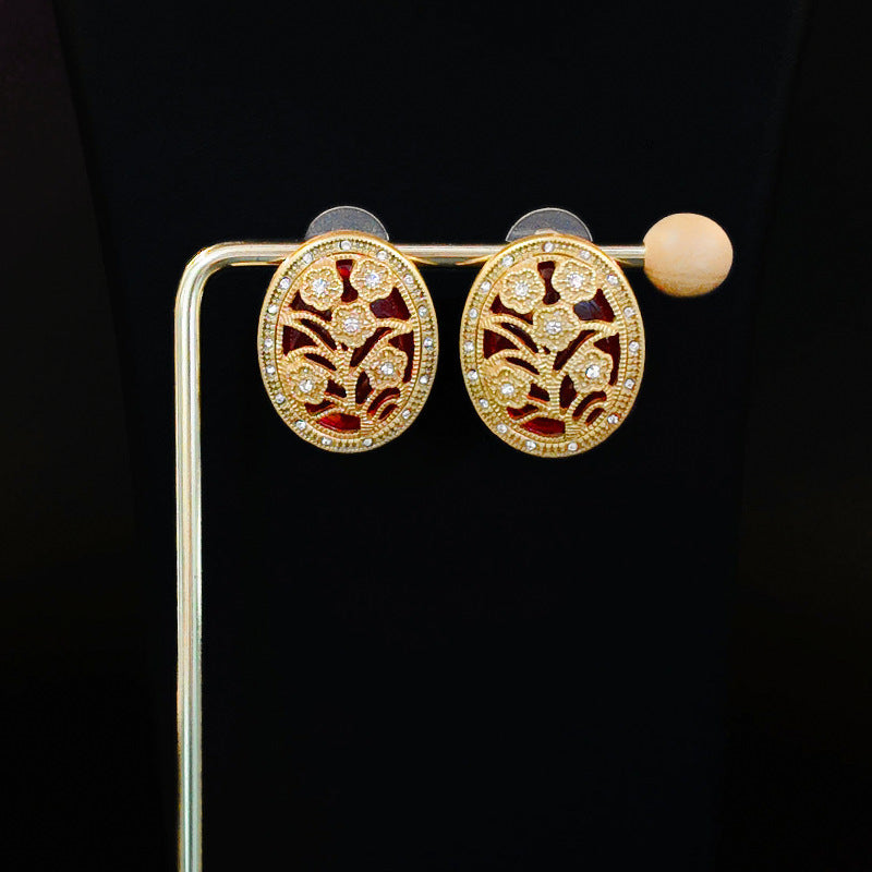 Retro Luxury Flower Hollow Design With Glass Inlaid Earrings