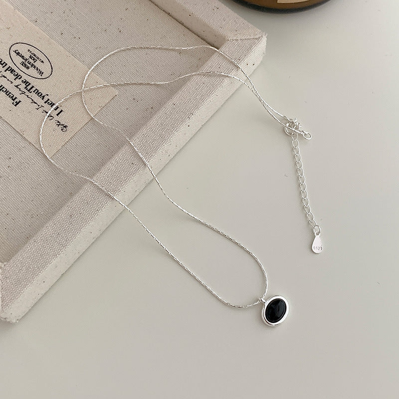 S925 Sterling Silver Oval White Mother-of-Pearl And Black Onyx Necklace For Women